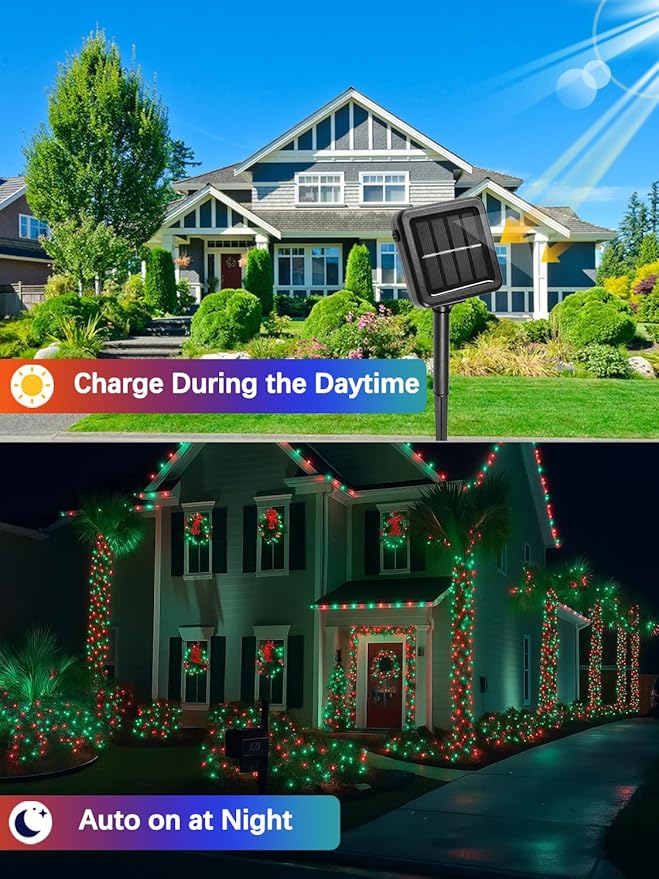 4 Pack Solar Christmas Lights Outdoor Waterproof, 132FT 400LED Solar String Lights Green Wire Fairy Lights, Solar Twinkle Lights with 8 Lighting Modes for Xmas Garden Decorations (Red&Green)