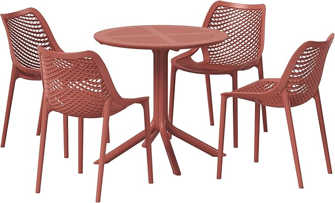 Costaelm Dining Table for 4 with Chair, HDPE Patio Round Dining Table and Stackable Chair, Outdoor Patio Furniture All Weather for Backyard Porch Poolside, Red