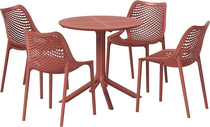 Costaelm Dining Table for 4 with Chair, HDPE Patio Round Dining Table and Stackable Chair, Outdoor Patio Furniture All Weather for Backyard Porch Poolside, Red