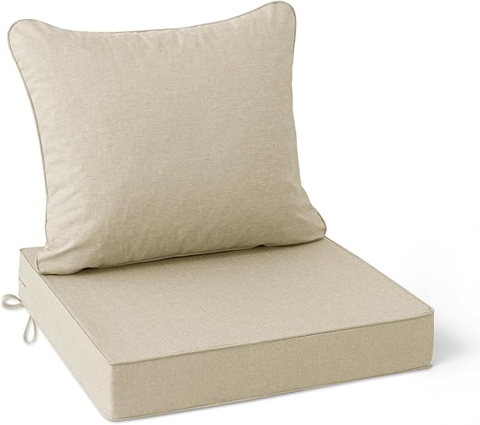 Summsun Patio Chair Cushions 19 x 19 Inch, Faux Linen Outdoor Furniture Cushions, Water Resistant Backrest and Seat Cushion Set with Ties, Removable Cover, Non-Slip Bottom, Beige