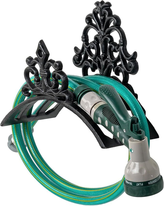 MyGift Wall Mounted Garden Hose Holder, Decorative Vintage French Floral Scrollwork hose Reel Hanger, Black Cast Iron Water Hose Storage Rack