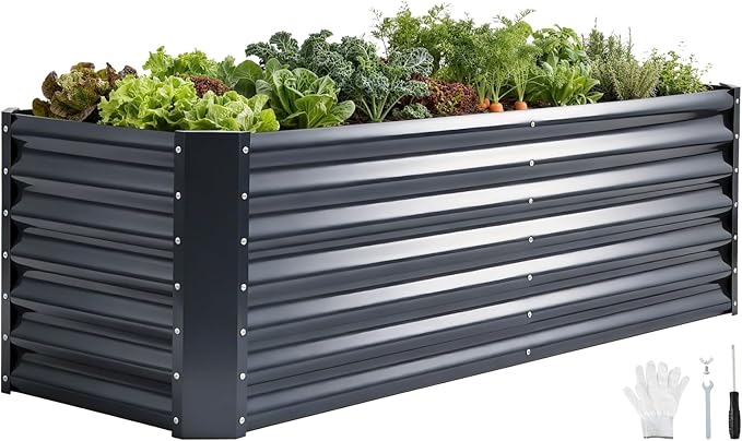 6x2x1.86ft Raised Garden Bed - Galvanized Deep Root Planter Boxes Outdoor with Wing Nuts and Safety Edges for Gardening Vegetables, Flowers, Herbs, Succulents - Gray