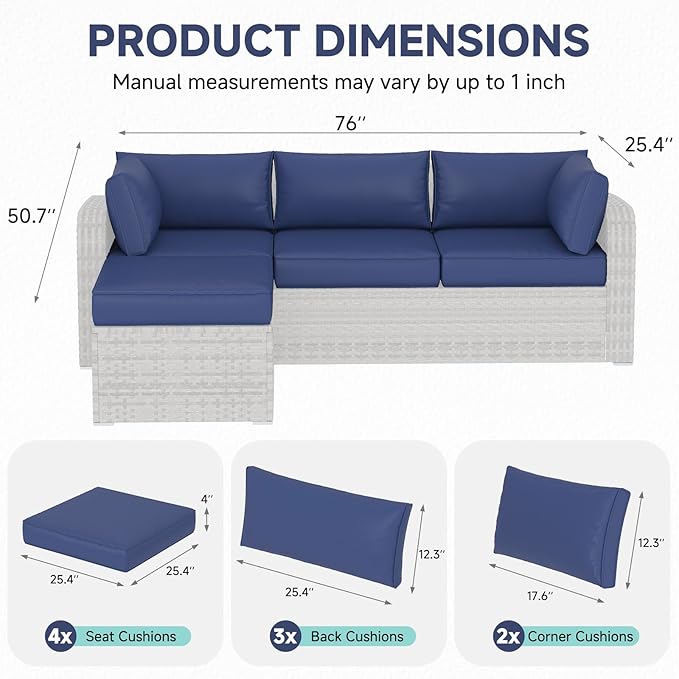 HOMREST Outdoor Sectional Cushions Set of 9, Waterproof Patio Furniture Cushions for 4-Seat Rattan Wicker Sofa, Deep Seat Couch Cushions with Non-Slip Bottom & Machine Washable Covers, Navy Blue