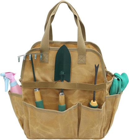 Waxed Canvas Utility Tote Bag, Large Capacity Multi-Pocket Garden Tool Bag, Heavy Duty Waterproof Work Tote for Camping, Gardening, Organizer Storage Bag for Men Women (Khaki)