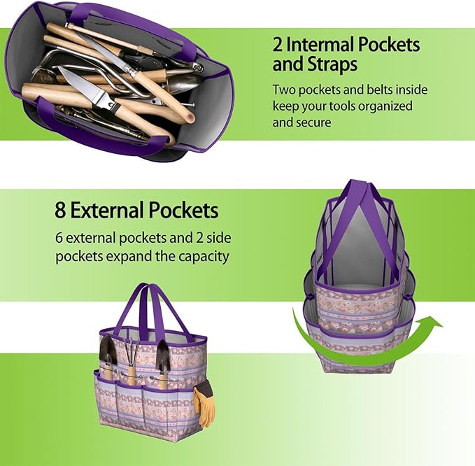 Boho Garden Tool Bag - Waterproof Floral Garden Tote with 8 Pockets, Large Storage Home Organizer Gardening Tool Oxford Bag for Garden Tools Kits Holder, Ideal Outdoor Gardening Gift for Women & Men