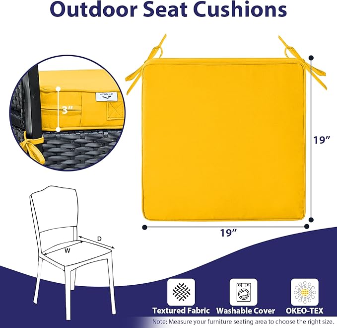 Outdoor Chair Cushions Set of 4,Waterproof Outdoor Seat Cushions for Patio Furniture,Patio Chair Cushion with Handle and Ties, Square Out Door Chair Pads,19" x 19" x 3", Yellow