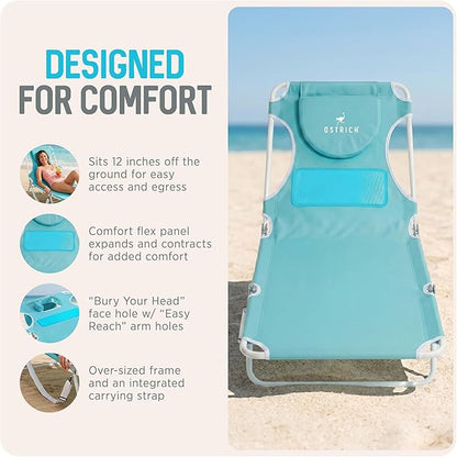 Ostrich the Ladies Comfort Lounger with Chest Support, Foldable and Portable Reclining Outdoor Patio Beach Lawn Camping Pool Tanning Chair, Aqua