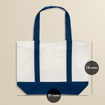Carrywell (Not Made In China) Canvas Tote Bags with Zipper 6-Pack, 15"x 21", Heavy Duty Organic Cotton With Handles and Front Pocket, Reusable Shopping Totes
