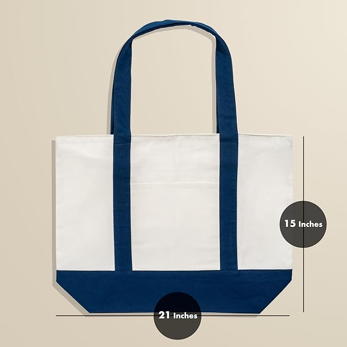 Carrywell (Not Made In China) Canvas Tote Bags with Zipper, 15"x 21", Heavy Duty Organic Cotton With Handles and Front Pocket, Reusable Shopping Totes