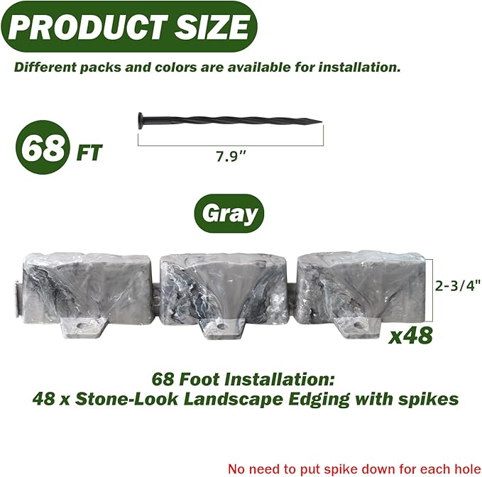 Landscape Edging Faux Stone Edging Garden Edging Border,68FT x 2.75 in Tall Decorative Stone-Look Garden Border for Flower Bed Edging,Yard Edging,Lawn Trees and Gardens,with Anchoring Spikes,Gray