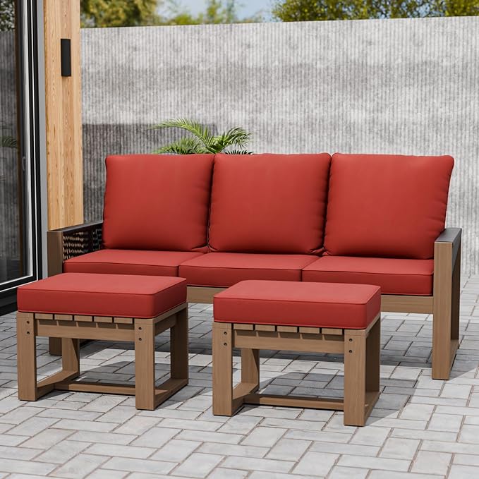 Rustic Hideaway Natural Cedar Wood Outdoor Furniture Set, Wicker Patio Conversation Set for Porch Garden Backyard, Couch and 2 Ottomans, 3 Piece, Brownish/Red