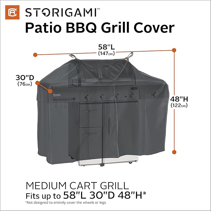 Classic Accessories Storigami Easy Fold Water-Resistant 58 Inch BBQ Grill Cover, Charcoal Black