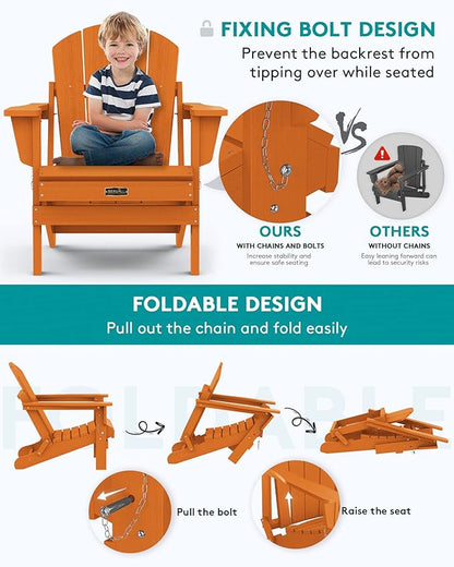 SERWALL Folding Adirondack Chair for Patio Garden Outdoors Heavy All-Weather Fire Pit Chairs - Orange