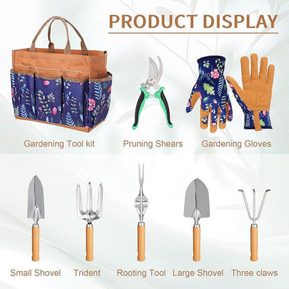 Lothee 8 Pcs Gardening Tool Set 12.6x6.3x10.4 Inch Multi-Pocket Large Floral Tote Bag with Leather Gloves Stainless Steel Garden Tools Kit for Digging Planting Weeding Pruning, Garden Gift for Women