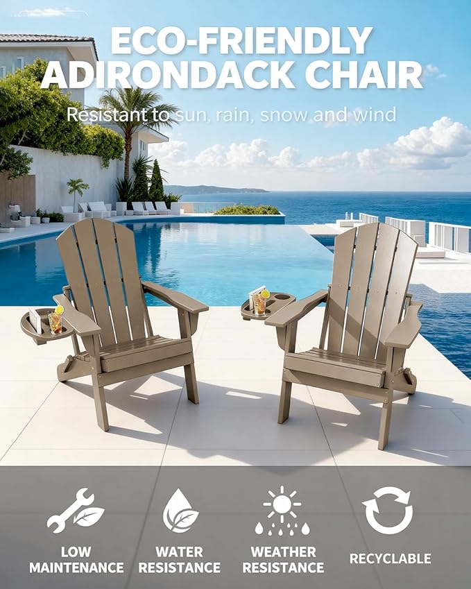 Adirondack Chair Set of 4, HDPE Folding Adirondack Chair with Multifunctional Cup Holder, Weather Resistant Fire Pit Chair for porches, patios, poolsides, Decks.