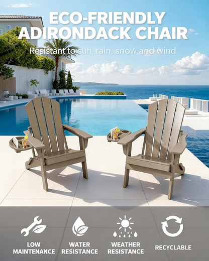 Adirondack Chair Set of 4, HDPE Folding Adirondack Chair with Multifunctional Cup Holder, Weather Resistant Fire Pit Chair for porches, patios, poolsides, Decks.