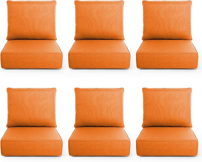 Outdoor Chair Cushions, 6 Inch Thick Patio Seat & Back Cushions Set with Removable Cover, Waterproof Patio Cushions for Outdoor Furniture, 22 x 24 Inch, Orange 6-Set