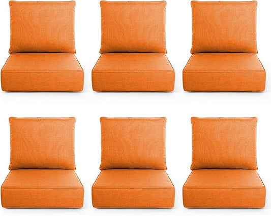 Outdoor Chair Cushions, 6 Inch Thick Patio Seat & Back Cushions Set with Removable Cover, Waterproof Patio Cushions for Outdoor Furniture, 24 x 24 Inch, Orange 6-Set
