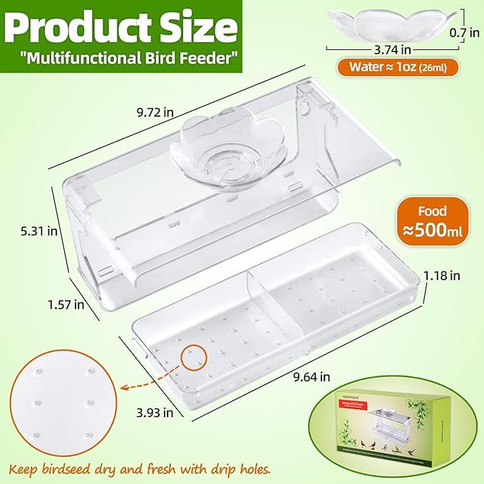 WENMIXER Window Bird Feeder with Non-Marking Self-Adhesive Hooks, Clear and Transparent, Outdoor Wild Bird Watching Gift, Garden Decor (Standard)