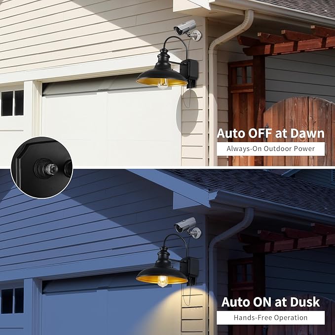 Dusk to Dawn Sensor Outdoor Barn Light with GFCI Outlet, Farmhouse Outdoor Wall Sconce, Rustic Exterior Lighting Fixture, Industrial Wall Lantern for Porch Garage Patio, STRZ034-W BK
