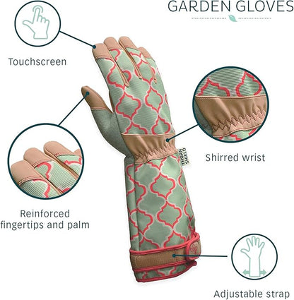 Digz Rose Pruning Vegan Leather Garden Gloves, Long Forearm Protective Cuff with Touchscreen Compatible Finger Tips, Red Geometric Pattern, Large
