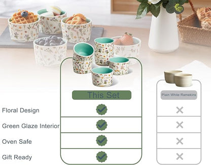 ONEMORE 6 oz Ramekins Oven Safe, Floral Ceramic Ramekin Set of 6 Mint Green Ramekins for Baking & Serving, Creme Brulee Dishes, Custard Pudding Souffle Cups, Small Dessert Bowls for Oven, Air Fryer
