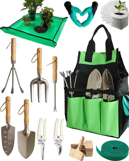 Garden Tool Set, Stainless Steel Gardening Hand Tools, Gardening Supplies Kit, Garden Tools with Fashion and Durable Storage Bag, Ideal Gifts for Women Men (13 Pieces)