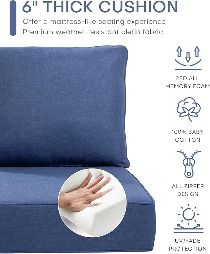Luxury 22x24/22x25 6-Inch Outdoor Deep Seat Cushions Set of 6 - Comfortable Patio Zipper Chair Cushion for Wicker Dining Rocking Swivel Chairs Loveseat Couch Sectional Sofa - Navy Blue