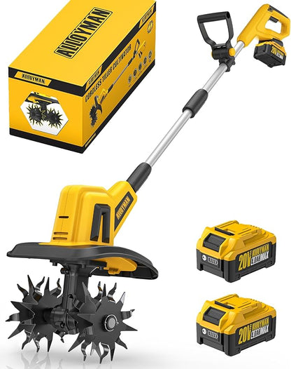 Alloyman 20V Cordless Tiller Cultivator, 360RPM Electric Garden Tiller, with 2 * 4.0Ah Batteries & Charger, 9In Tilling Width and 6.6In Depth Garden Rototiller for Lawn/Gardening/Soil Cultivation