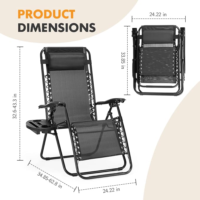 NEWBULIG Zero Gravity Chairs Set of 2, Lounge Chair Folding Portable Adjustable Camping Reclining Chairs with Adjustable Pollow, Mesh Back, Cup Holder Trays Lawn Patio Chair for Pool Beach