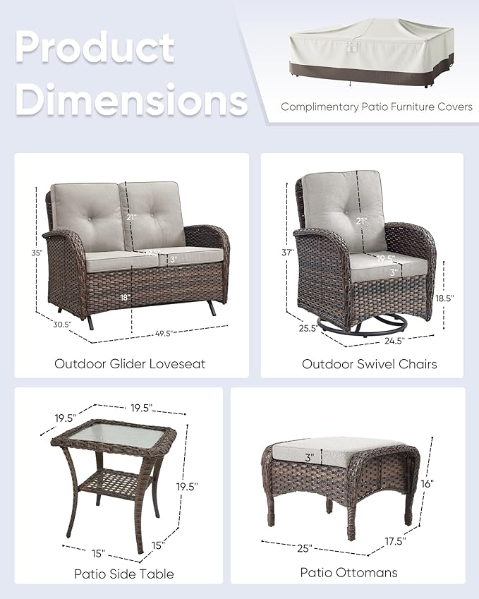 6 Pieces Patio Wicker Furniture Set-Outdoor Swivel Chairs Set of 2 Outdoor Glider Love seat with Outdoor Footstool Patio Furniture for Deck Porch Garden Balcony Poolside-Brown/Beige