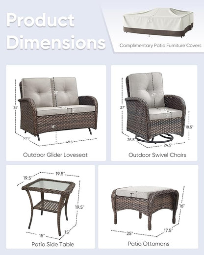 6 Pieces Patio Wicker Furniture Set-Outdoor Swivel Chairs Set of 2 Outdoor Glider Love seat with Outdoor Footstool Patio Furniture for Deck Porch Garden Balcony Poolside-Brown/Beige