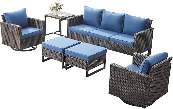 Rilyson Wicker Outdoor Patio Furniture Set - 6 Piece Patio Conversation Set with 2 Swivel Rocker Chairs,2 Rattan Ottoman,1 Couch and 1 Metal Side Table for Outside Porch Deck Backyard(Brown/Blue)