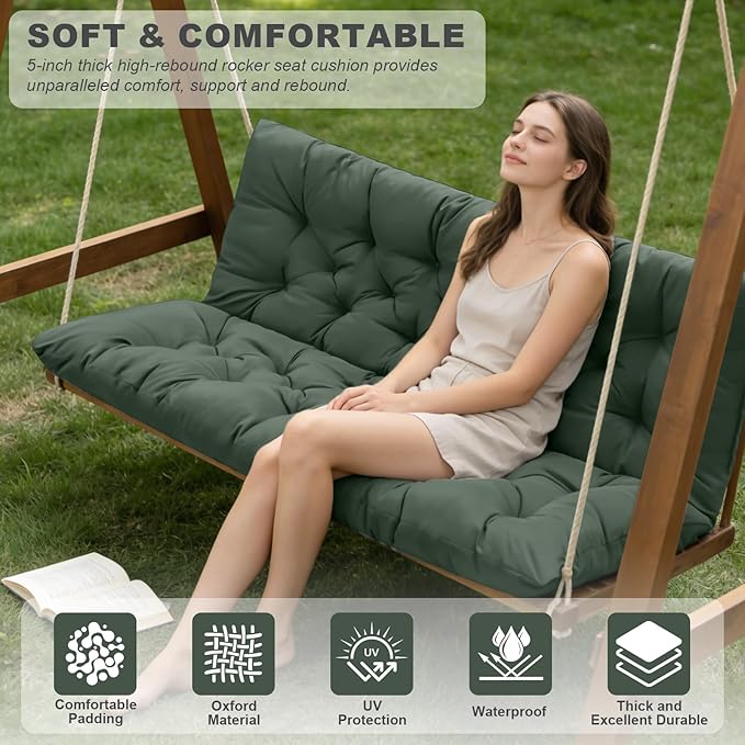 Porch Swing Cushions,Outdoor Cushions 3 Seater Replacement with Backrest, Waterproof Thickened Bench Cushion with Ties for Porch, Patio,Outdoor, Backyard and Garden (Dark Green 60 * 40 in)