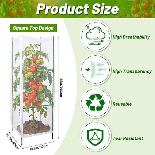 3 Pcs Garden Bird Netting Plant Cover for Square Tomato Cage, 55"×19.7" Garden Bird Insect Netting with Zipper & Drawstring Netting for Vertical Climbing Plants,Vegetable and Flower (No Cage)