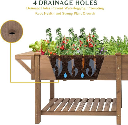 Raised Garden Bed Outdoor with Legs, 81"x 23" x 31" Elevated Wood Planter Box Stand for Backyard Patio, Garden Flower Beds with Liner Hooks Divider Panel Drainage Holes, Gift for Gardening, Brown