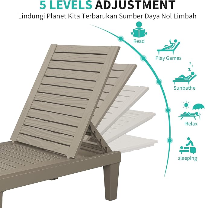 Outdoor Lounge Chair Set of 2, 5-Positions Adjustable Patio Chaise Lounges, Waterproof Tanning Chairs for Poolside, Backyard, Scratch-Resistant & Easy to Clean (Grey Striped, Set of 2)