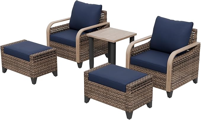 Modern Wicker Bistro Table and Chairs Set, Rattan Outdoor Bistro Set with Patio Chairs, Ottomans & Table, 5 Pieces, Brown/Blue