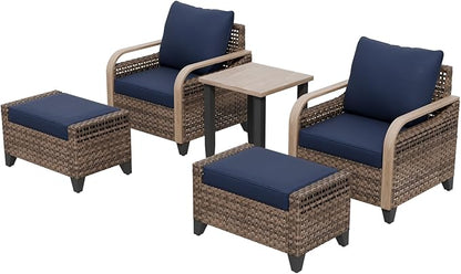 Modern Wicker Bistro Table and Chairs Set, Rattan Outdoor Bistro Set with Patio Chairs, Ottomans & Table, 5 Pieces, Brown/Blue