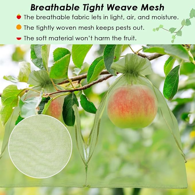 Shintop 100PCS Fruit Protection Bags, 7x10 Inch Green Mesh Fruit Tree Bags Drawstring Garden Netting Cover Pest Barrier for Apples, Mango, Tomatoes