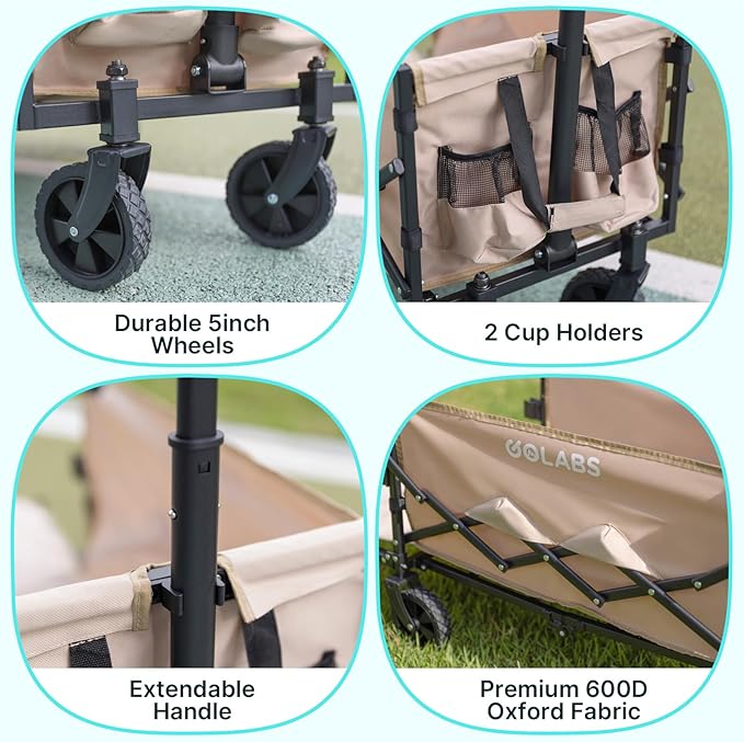 Golabs Collapsible Wagon Cart Max 350lb Load & Expandable Storage 100L, Double Bearing Design for Flexible Steering, Foldable Heavy Duty Garden Cart with 2 Cup Holders for Groceries, Garden & Camping