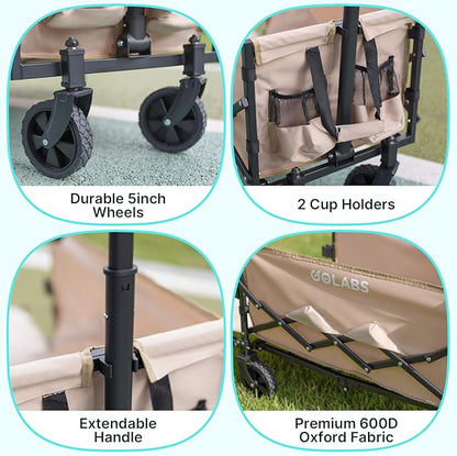 Golabs Collapsible Wagon Cart Max 350lb Load & Expandable Storage 100L, Double Bearing Design for Flexible Steering, Foldable Heavy Duty Garden Cart with 2 Cup Holders for Groceries, Garden & Camping