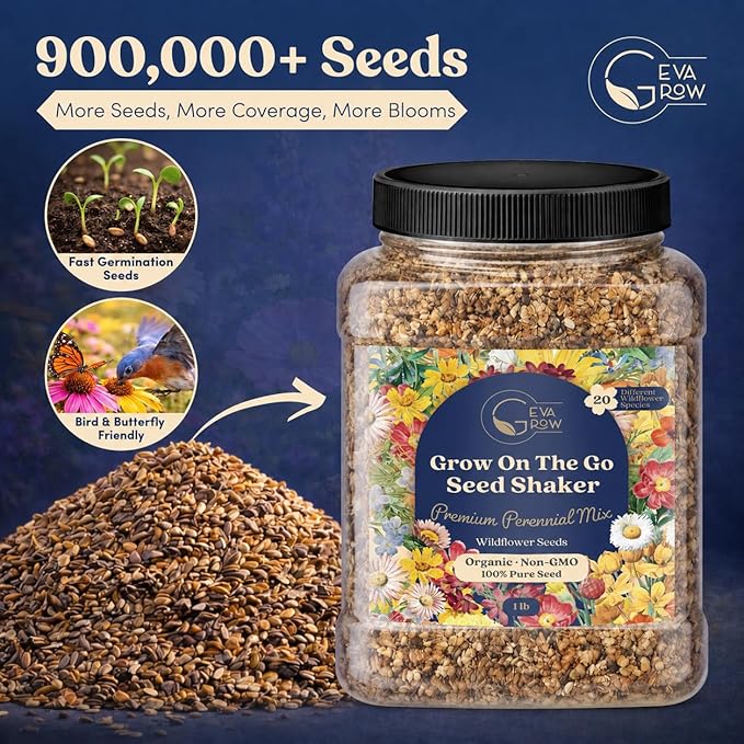 Bulk Wildflower Seed Shaker – Perennial Flower Seeds Mix to Plant Anywhere, by Geva Grow | 20 - Different Type Beautiful Perennial Wildflower Seeds Bulk 900,000+ Seeds, 1 Pound Tub