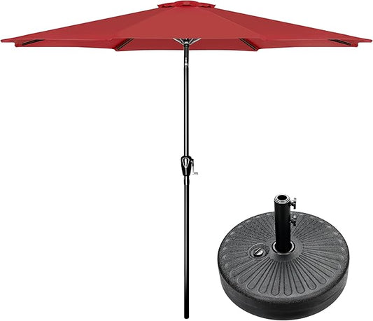Simple Deluxe 9FT Outdoor Patio Umbrella Table Market Umbrella with Push Button Tilt and Crank and 50lbs Base Stand, for Garden, Lawn, Deck, Backyard, Pool, Red