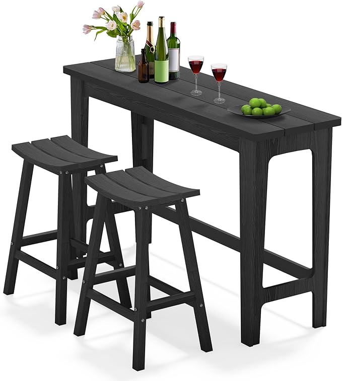 Ciokea Heavy-Duty Outdoor Bar Set, Rectangle High Top Table and 2 Pcs 29" Stools Set, HDPE Modern Patio Bar Set for Outside Bistro Backyard Balcony Deck Outside, Black