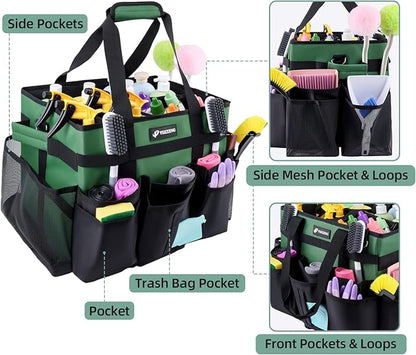 Large Rolling Cleaning Caddy Bag with Wheels, Cleaning Bag with Detachable Trolley, Cleaning Bags on Wheels for Housekeepers, Cleaning Cart Supplies Organizer for Home, Car, Picnic (Green)