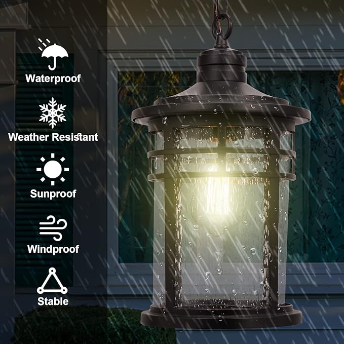 Darkaway Large Outdoor Pendant Lights, 15inch Outdoor Chandelier Hanging Porch Lights Outside Ceiling Mount Aluminum with Seeded Glass for Front Door Gazebo Patio (Large, Black)
