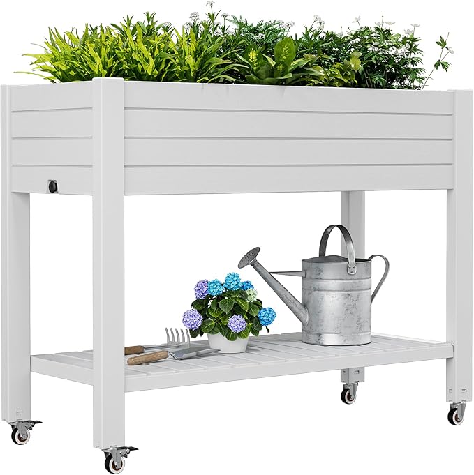 Raised Garden Bed with Wheels, Divisible Resin Planter Box with Drainage Gauge & Storage Shelf, Herb Planter for Garden Patio Backyard, White
