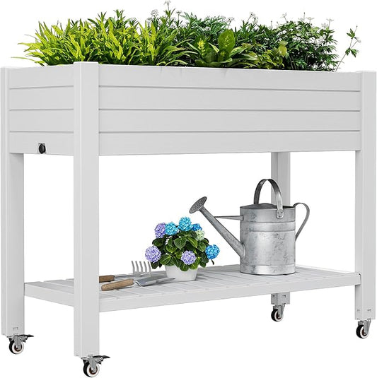 Raised Garden Bed with Wheels, Divisible Resin Planter Box with Drainage Gauge & Storage Shelf, Herb Planter for Garden Patio Backyard, White