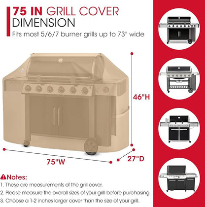 Unicook 75 Inch Grill Cover for Outdoor Grill, Heavy Duty Waterproof BBQ Cover for Outside, Compatible with Weber Char-Broil Nexgrill Kenmore Gas Grills up to 73”, All Weather Protection, Light Brown